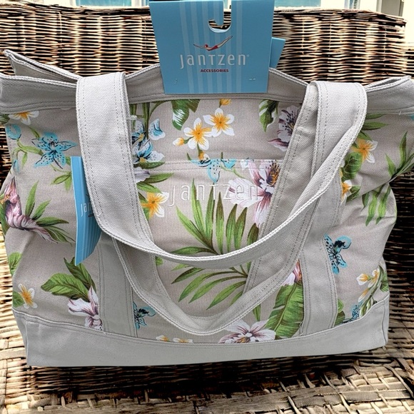 Jantzen Handbags - Jantzen Taupe Tropical‎ Floral Canvas Beach Travel Tote Bag